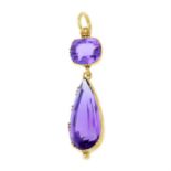 An amethyst drop pendant, converted from a larger piece of mid 19th century gold jewellery.