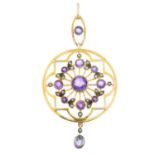 An early 20th century 9ct gold amethyst and split pearl openwork pendant.