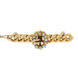 An early 20th century 15ct gold split pearl buckle and curb-link bar brooch.