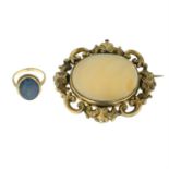 A late Victorian gold agate brooch and a later opal triplet ring.