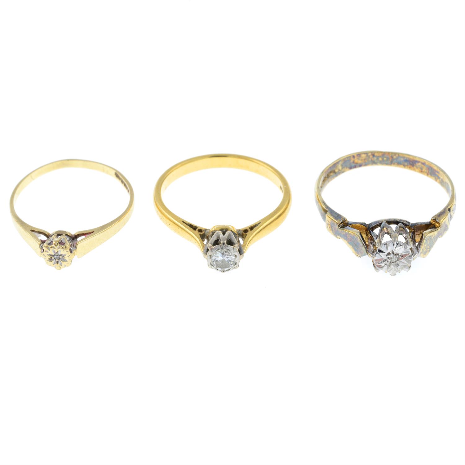 Three diamond single-stone rings.
