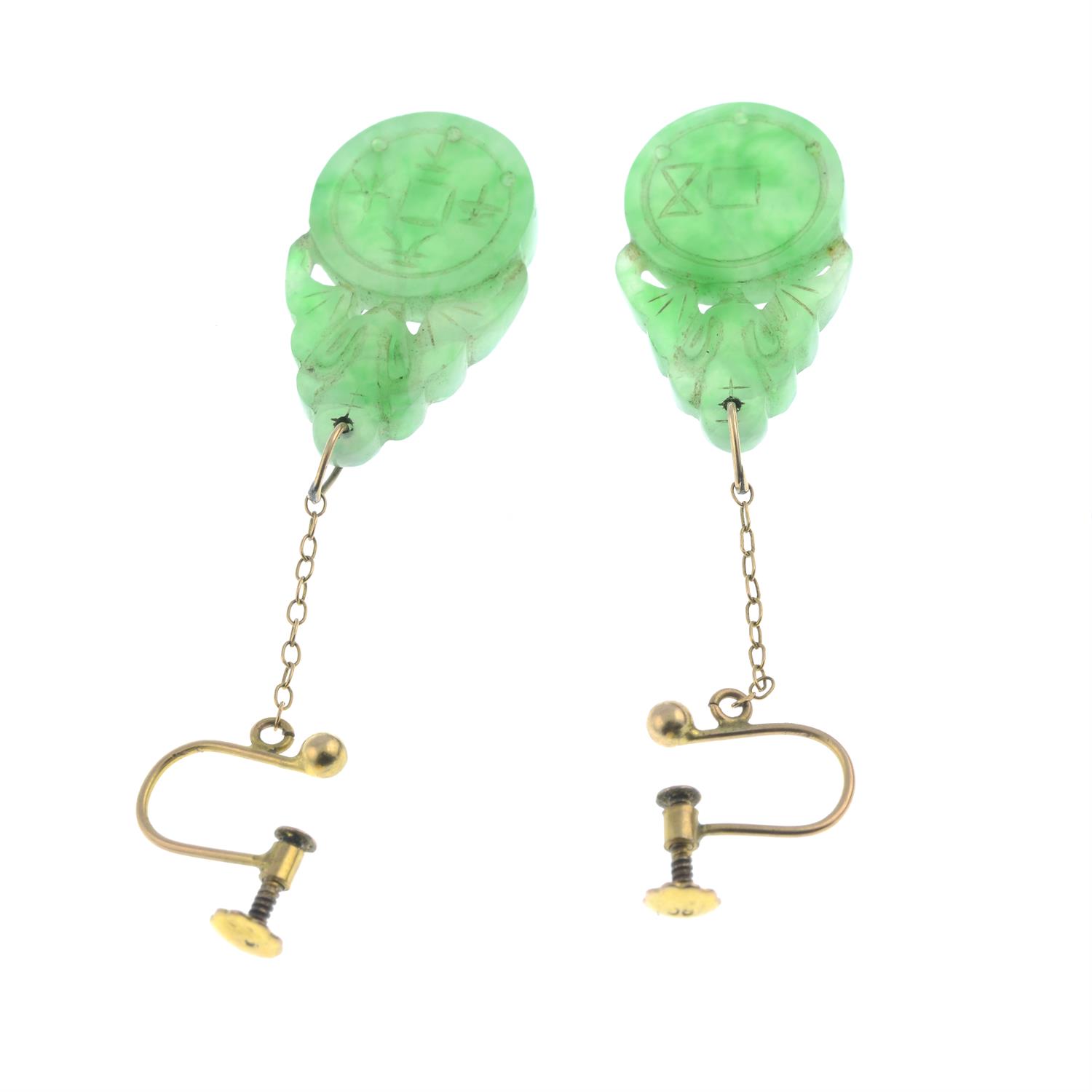 A pair of late 19th century 9ct gold carved jade drop earrings. - Image 2 of 2