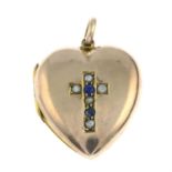 An early 20th century heart shape locket pendant, with split pearl and garnet topped doublet cross