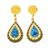 A pair of reconstituted turquoise and enamel drop earrings.