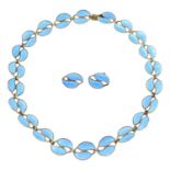 A mid 20th century silver blue enamel foliate necklace, with matching earrings, by David Andersen.