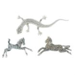 Three mid 20th century marcasite animal brooches, to include an enamel and green paste accent horse