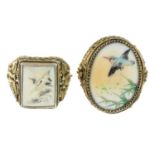 Two Chinese ceramic bird motif signet rings.