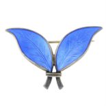 A mid 20th century silver blue enamel twin leaf brooch, by David Andersen.