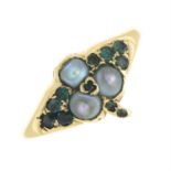 An early 20th century gold split pearl and green gem shamrock ring.