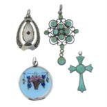 Four variously designed pendants, to include two early 20th century pendants.