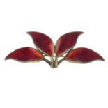 A mid 20th century silver red enamel leaf brooch, by David Andersen.