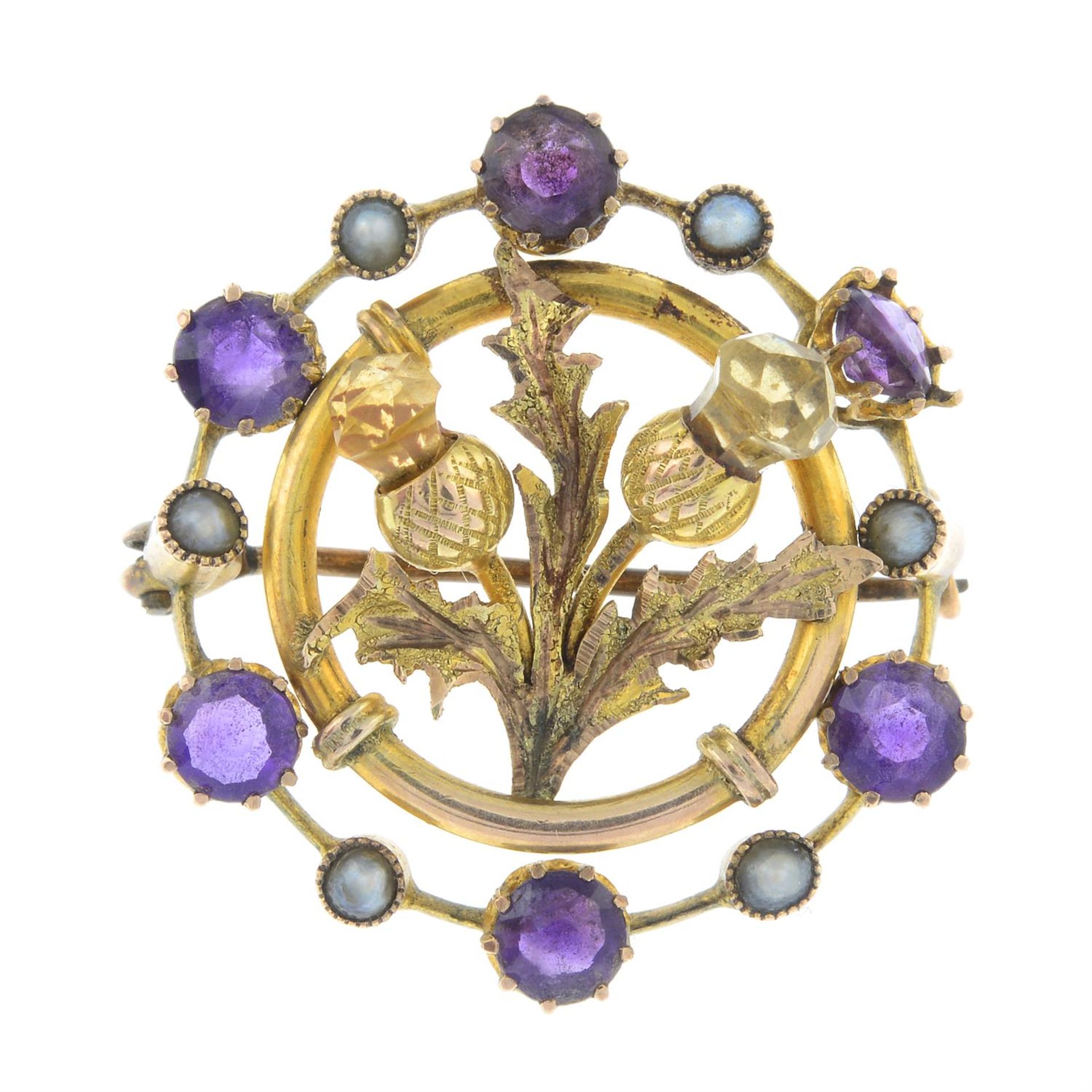 A 9ct gold citrine, amethyst and split pearl thistle brooch.