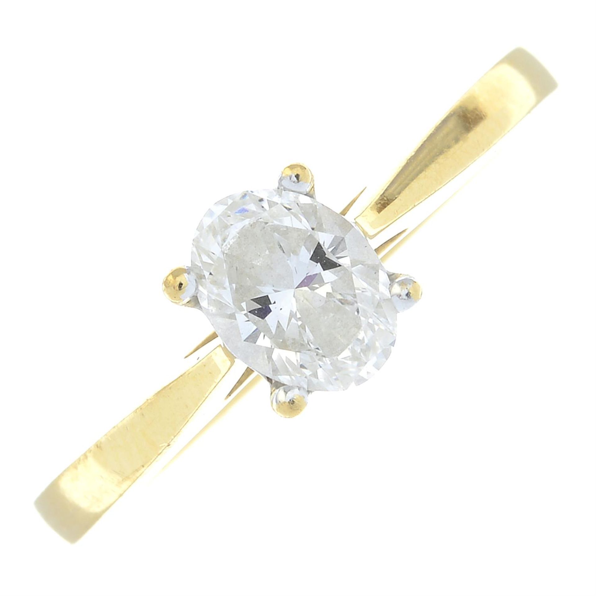 An 18ct gold oval-shape diamond single-stone ring.