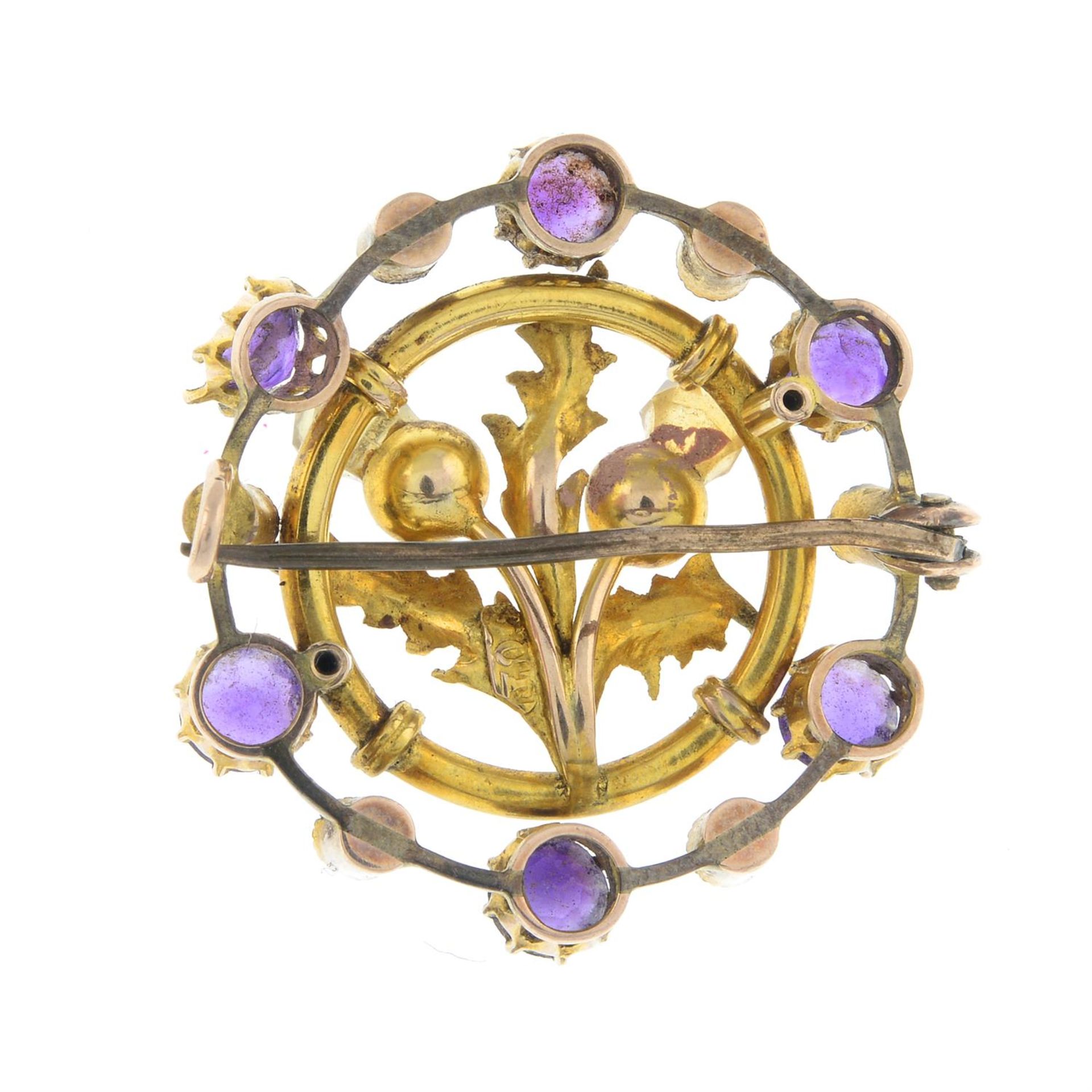 A 9ct gold citrine, amethyst and split pearl thistle brooch. - Image 2 of 2