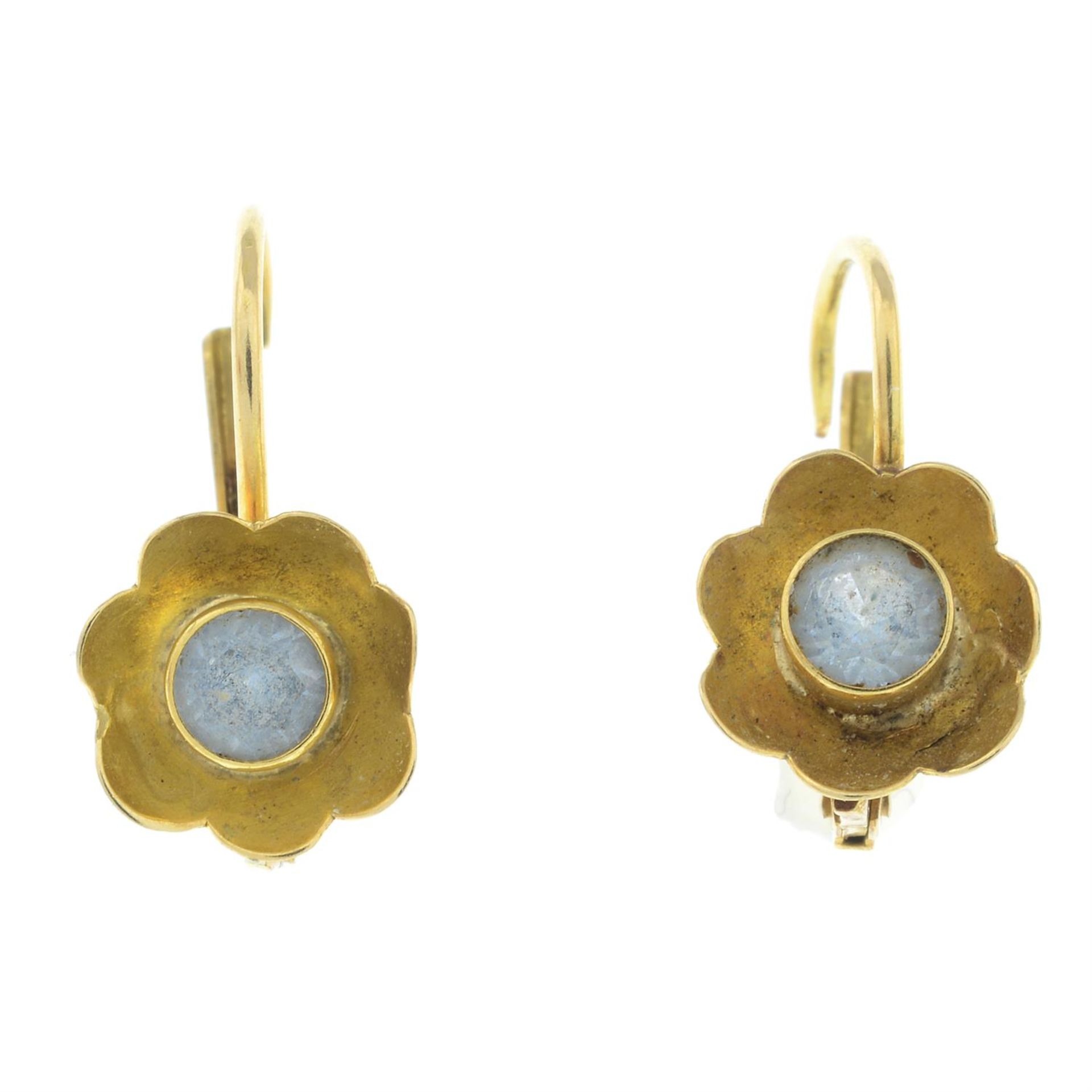A pair of early to mid 20th century 18ct gold topaz floral motif earrings.