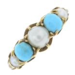 A split pearl and turquoise five-stone ring.
