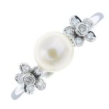 An 18ct gold cultured pearl single-stone ring, with diamond floral shoulders.