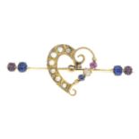An early 20th century ruby, sapphire and split pearl heart bar brooch.