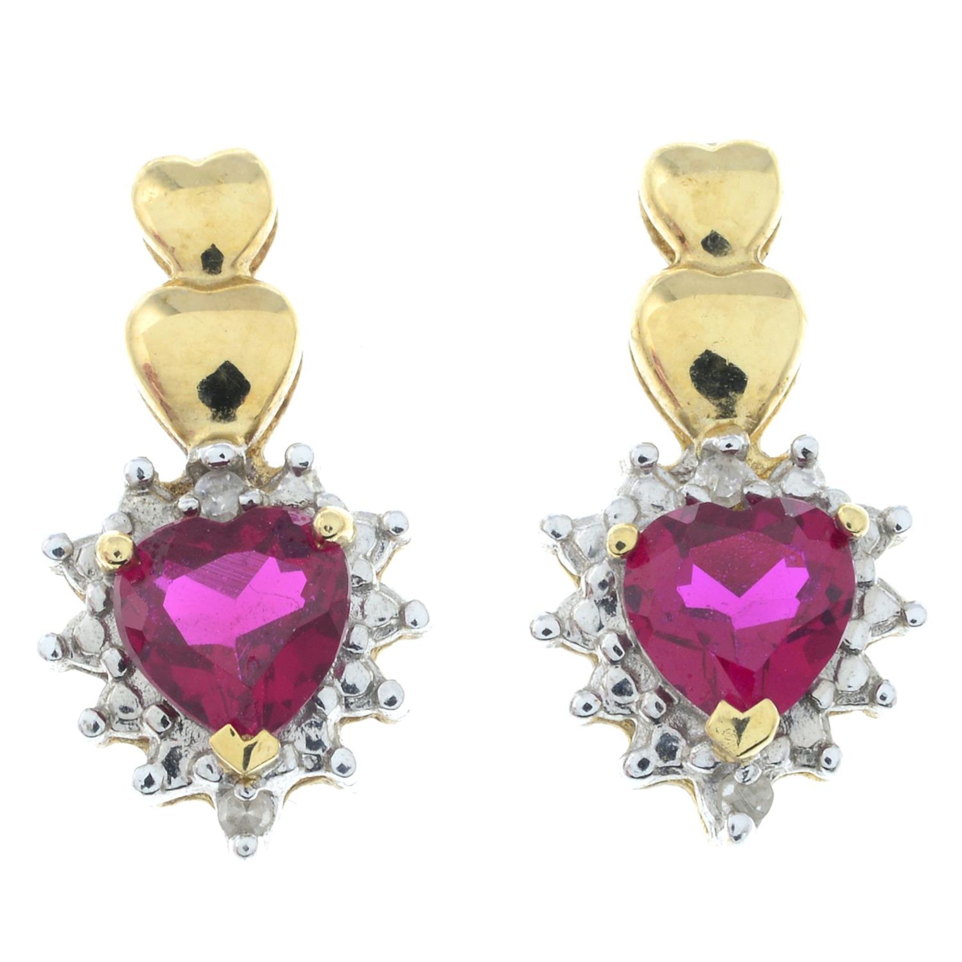 A pair of 9ct gold, synthetic ruby and diamond earrings.