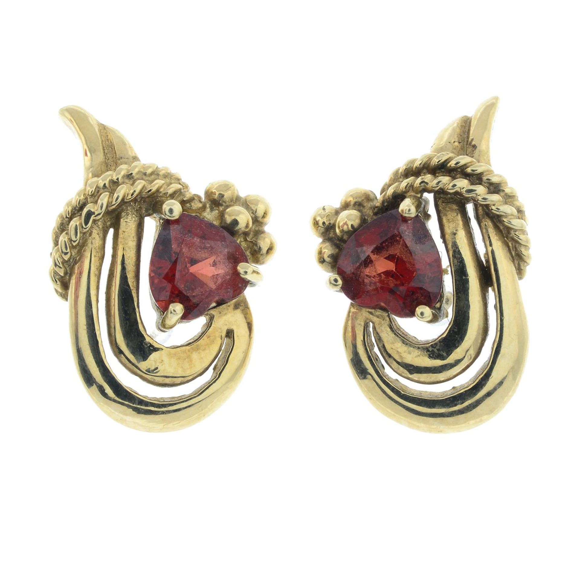 A pair of 9ct gold garnet earrings.
