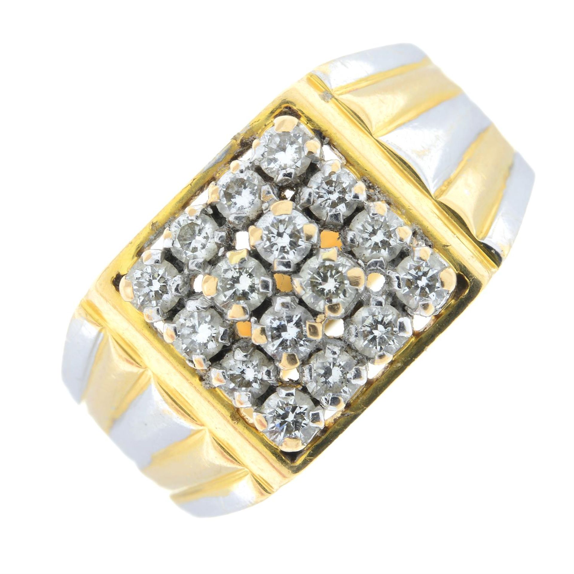 A brilliant-cut diamond square-shape ring, with bi-colour grooved sides.