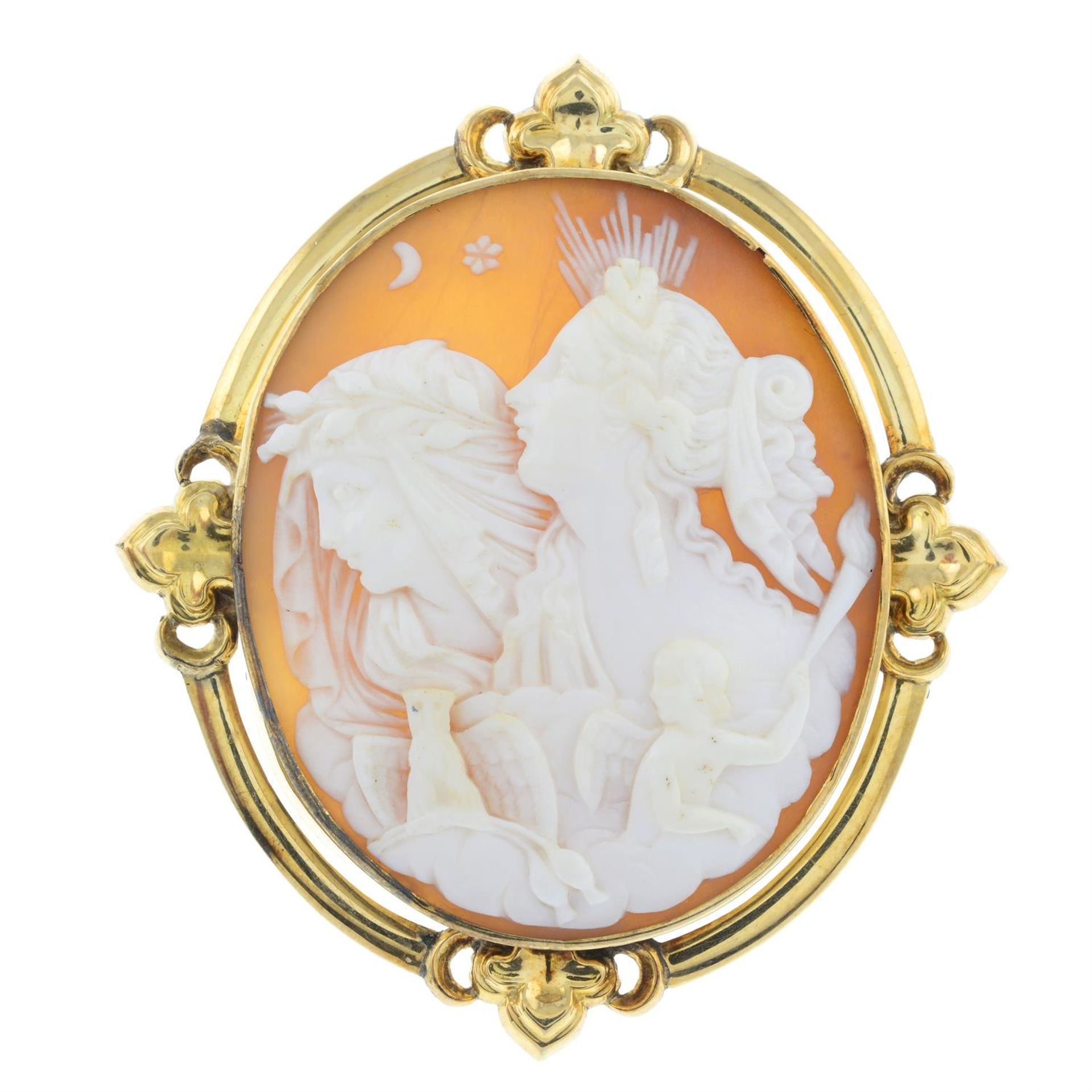 An early 20th century shell cameo brooch, depicting Eos and Nyx.