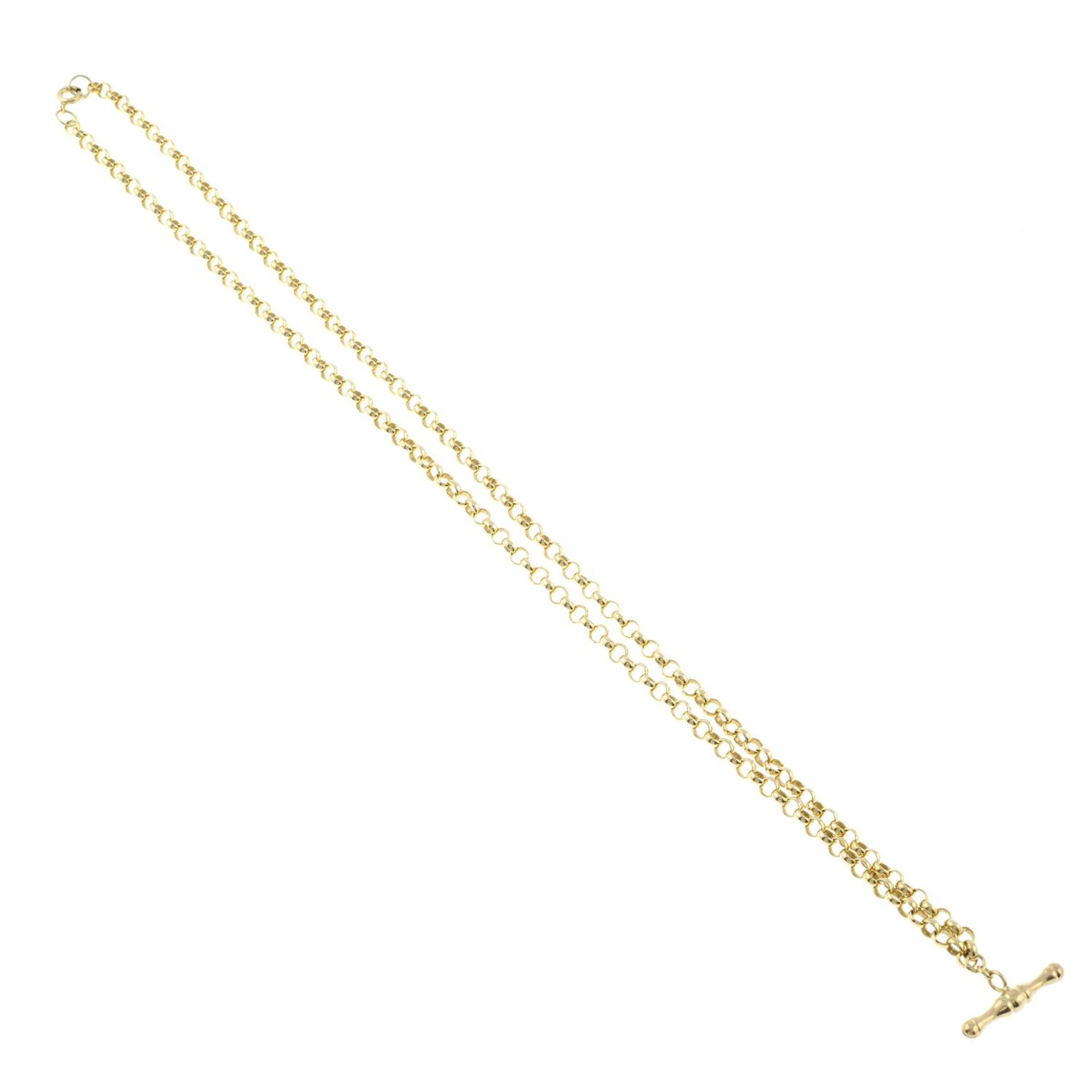 A 9ct gold T-bar pendant, with belcher-link necklace.