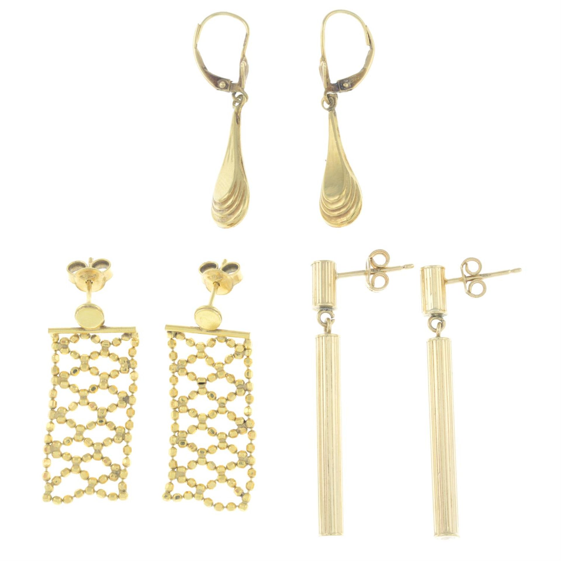 Three pairs of 9ct gold drop earrings.