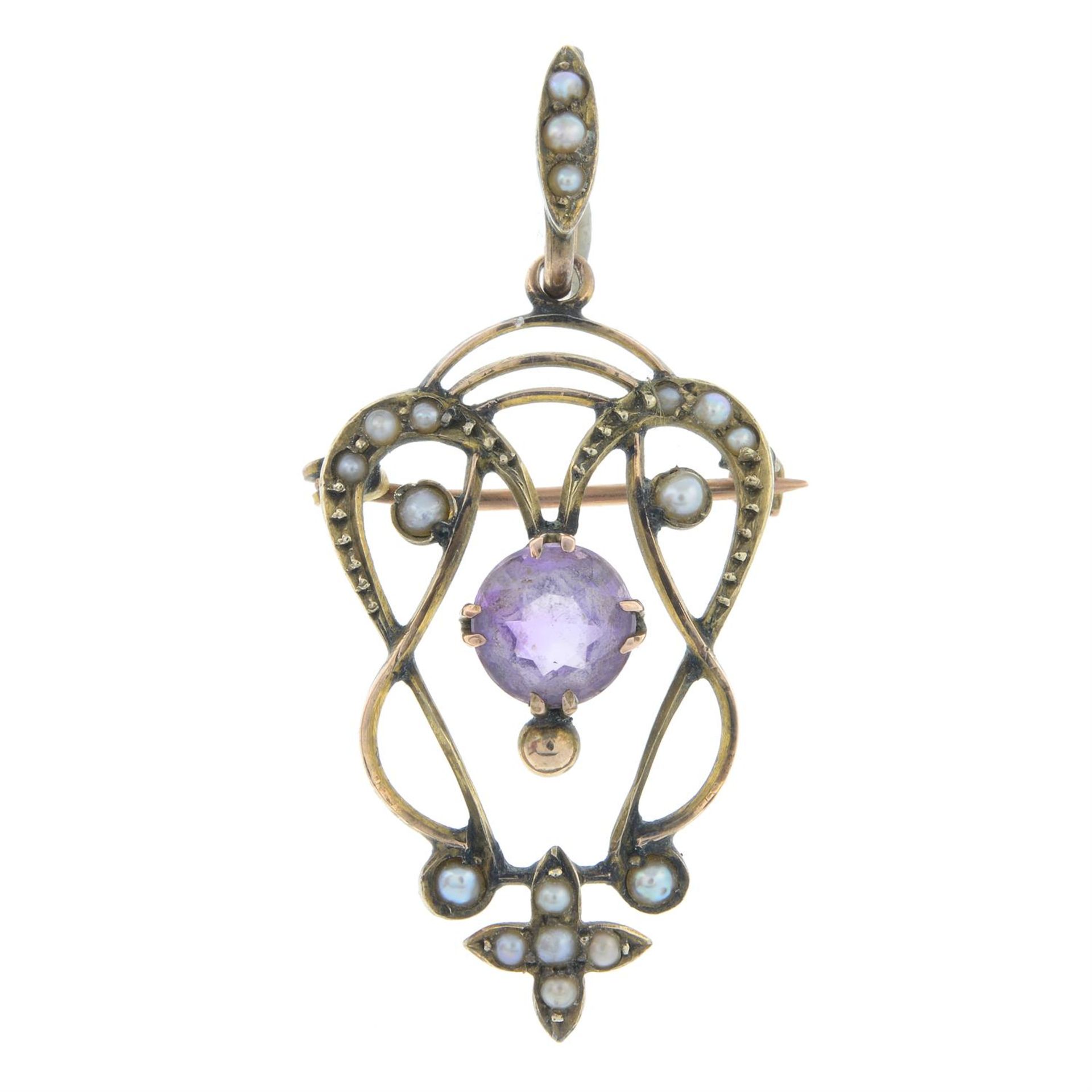 An early 20th century 9ct gold amethyst and split pearl brooch.