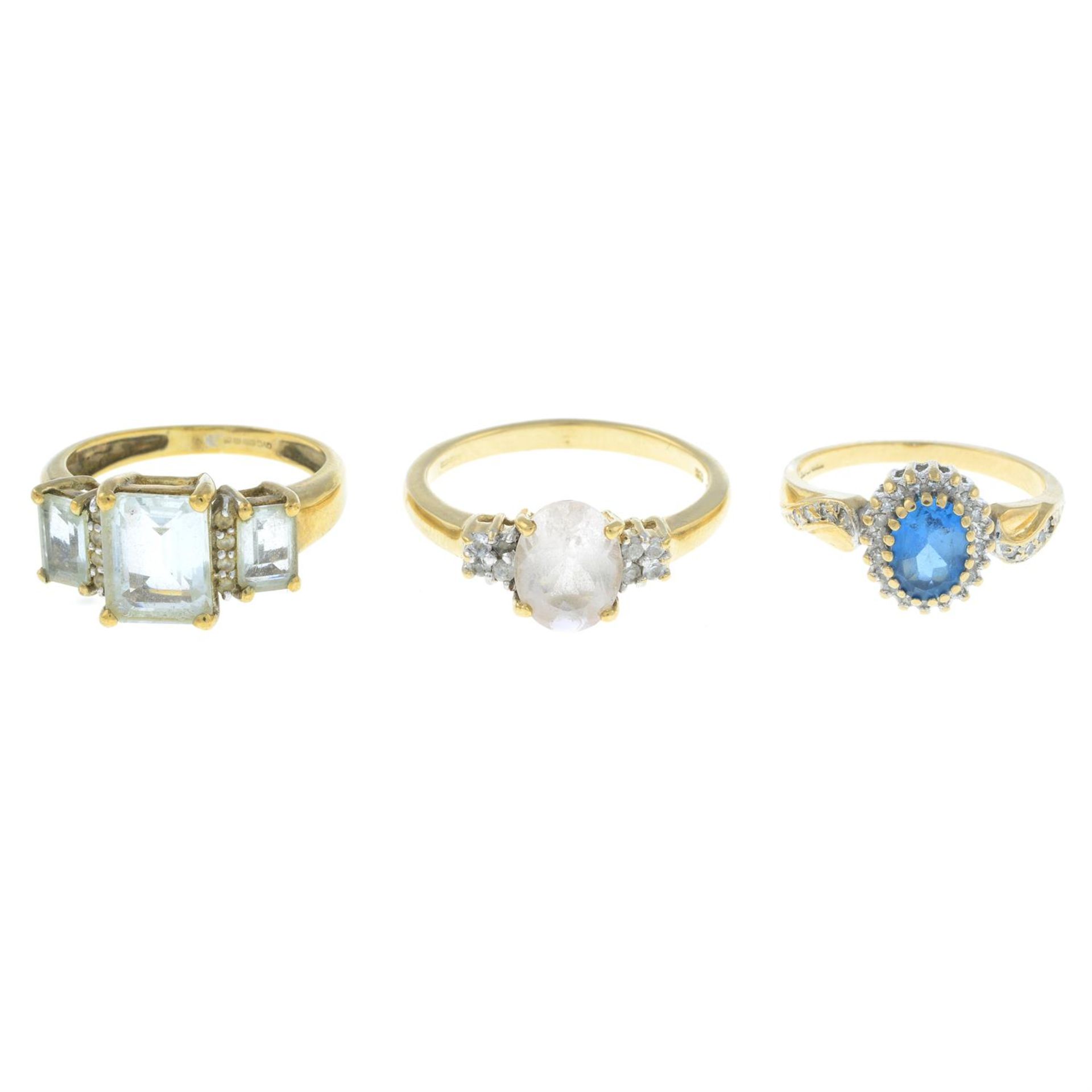 Three 9ct gold gem-set rings.