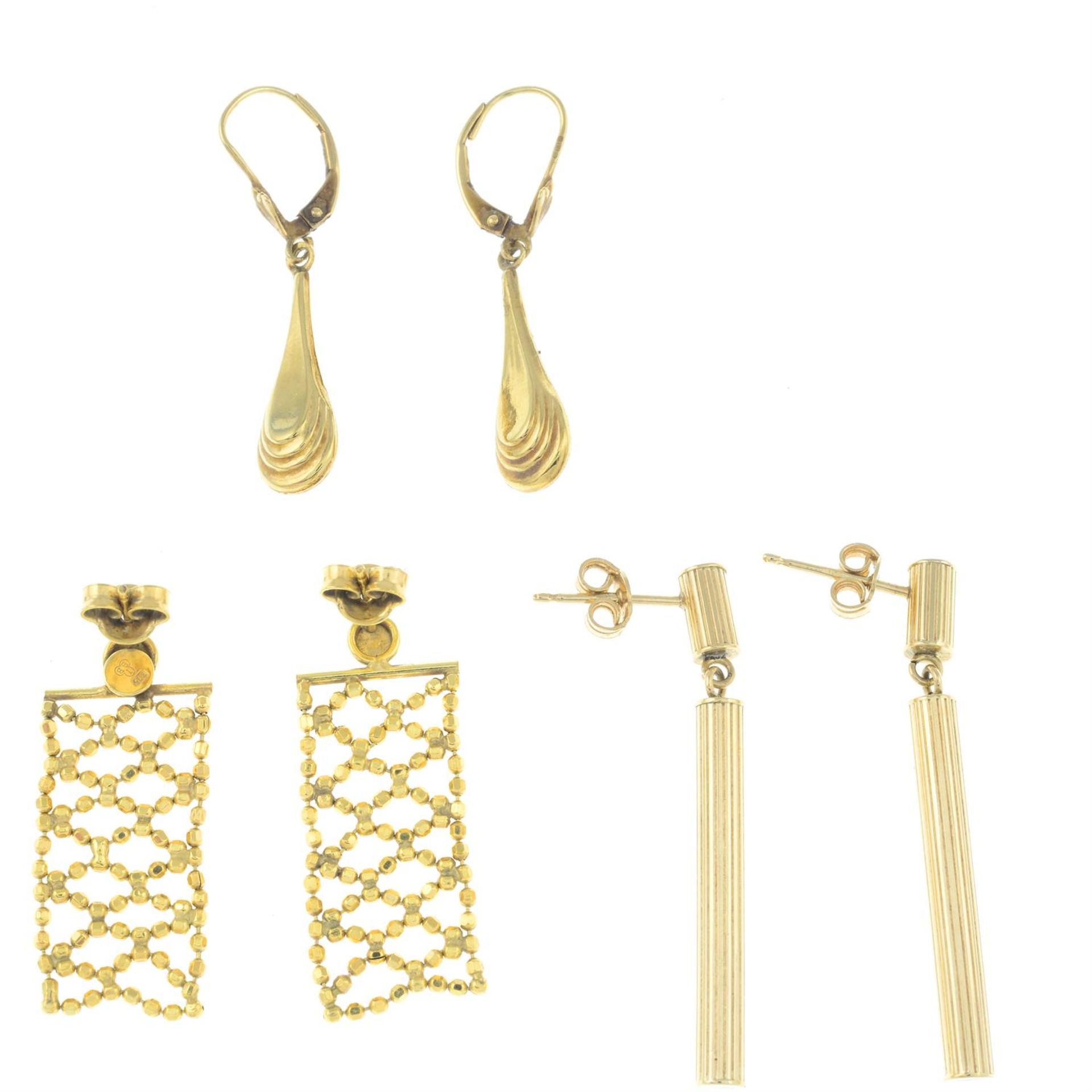 Three pairs of 9ct gold drop earrings. - Image 2 of 2