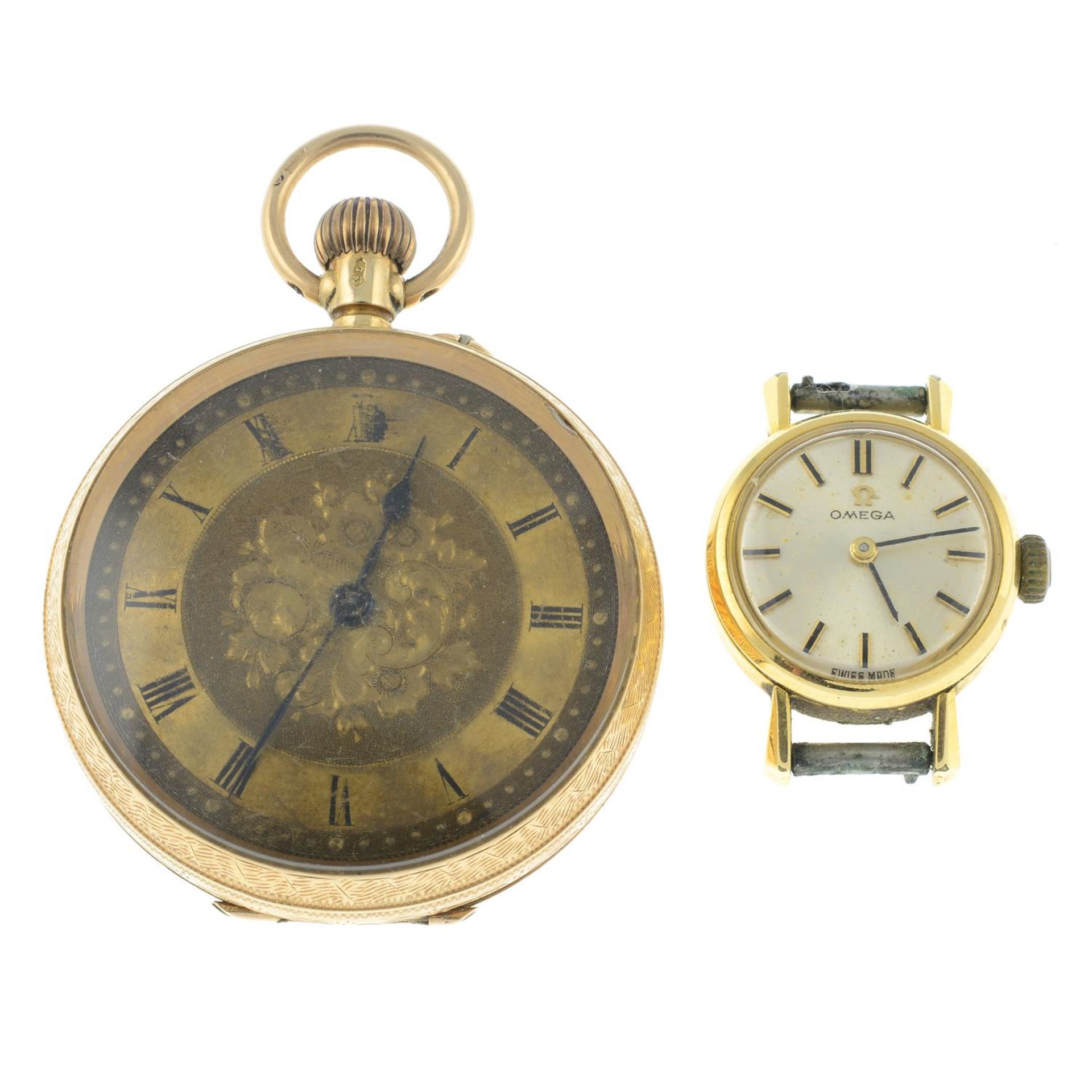 A lady's watch head, by Omega and an early 20th century 12ct gold pocket watch.