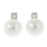 A pair of 9ct gold brilliant-cut diamond and cultured pearl stud earrings.