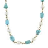 An early 20th century 9ct gold turquoise and cultured pearl necklace.