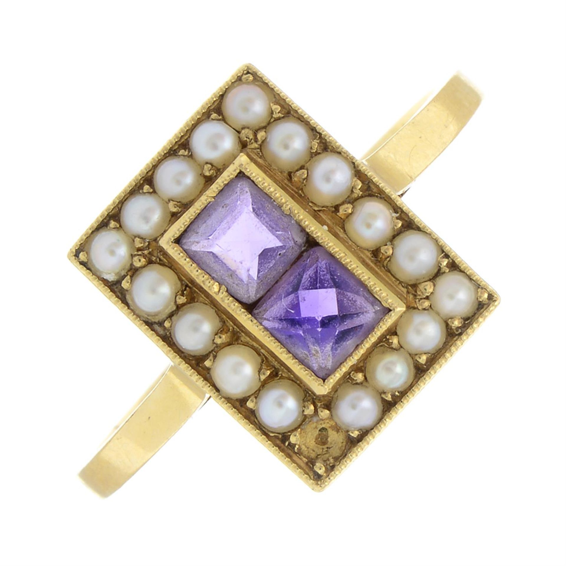 An early 20th century 18ct gold amethyst and split pearl cluster ring.