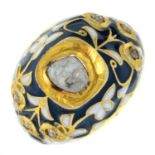 A polki and rose-cut diamond and enamel foliate motif ring.