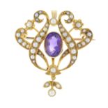 An early 20th century 15ct gold amethyst and split pearl floral brooch/pendant.