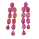 A pair of ruby screw-back drop earrings.