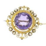 A mid 19th century gold amethyst and split pearl openwork brooch.