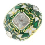 A polki diamond and enamel foliate motif ring.