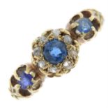 An early 20th century 18ct gold sapphire and rose-cut diamond three-stone cluster ring.