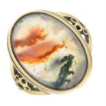 A 1970's 9ct gold moss agate single-stone ring, with openwork shoulders.