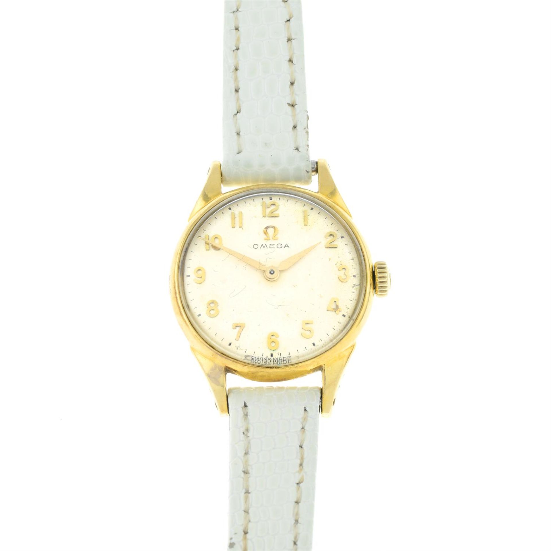 A ladies wristwatch, with white leather strap, by Omega.
