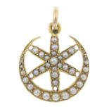 An early 20th century gold split pearl crescent moon and star pendant.