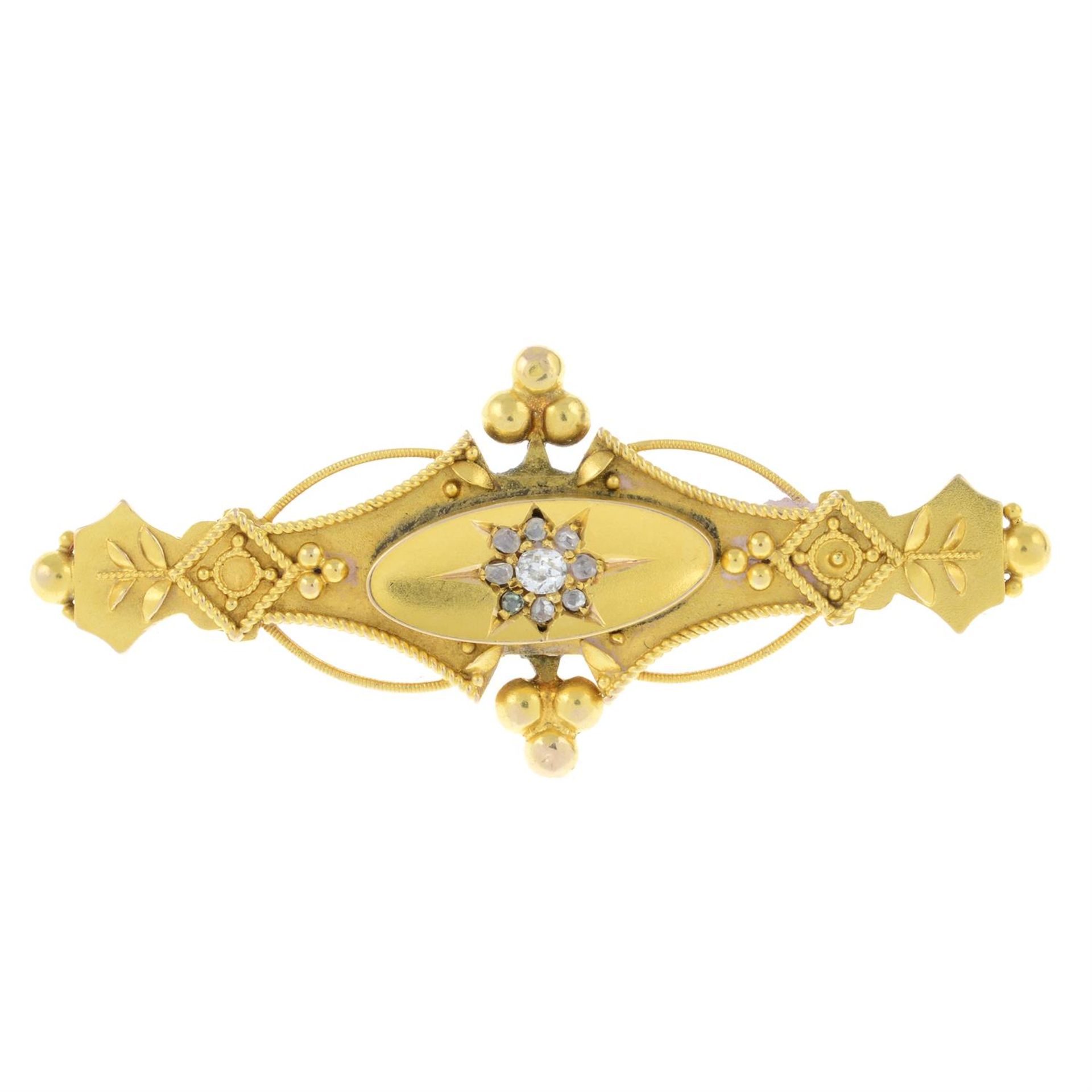 A mid 19th century gold old-cut diamond foliate bar brooch.