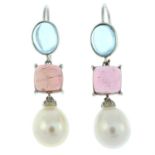 A pair of tourmaline, cultured pearl and diamond earrings.