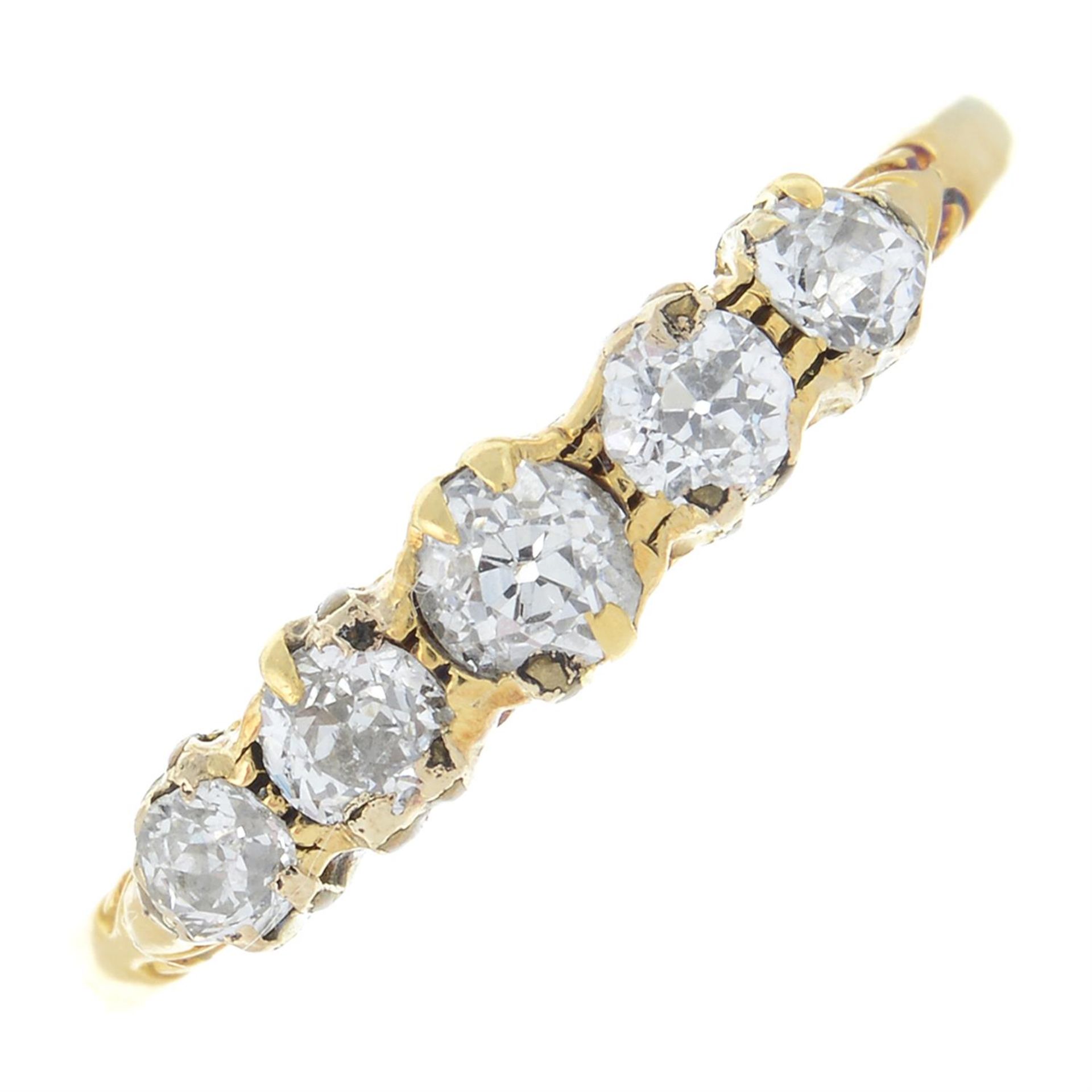 An Late Victorian 18ct gold old-cut diamond five-stone ring.