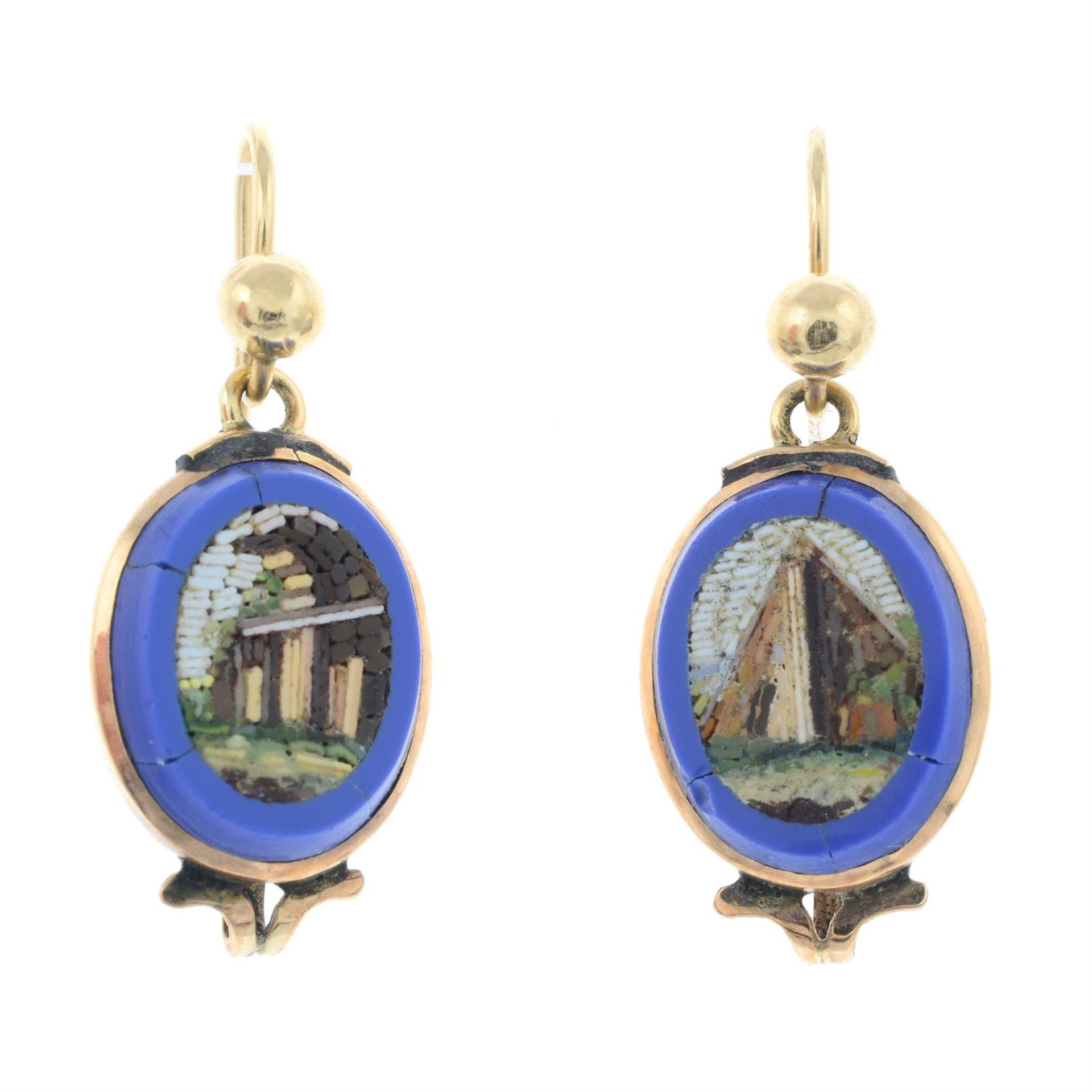 A pair of late 19th century gold micromosaic drop earrings.