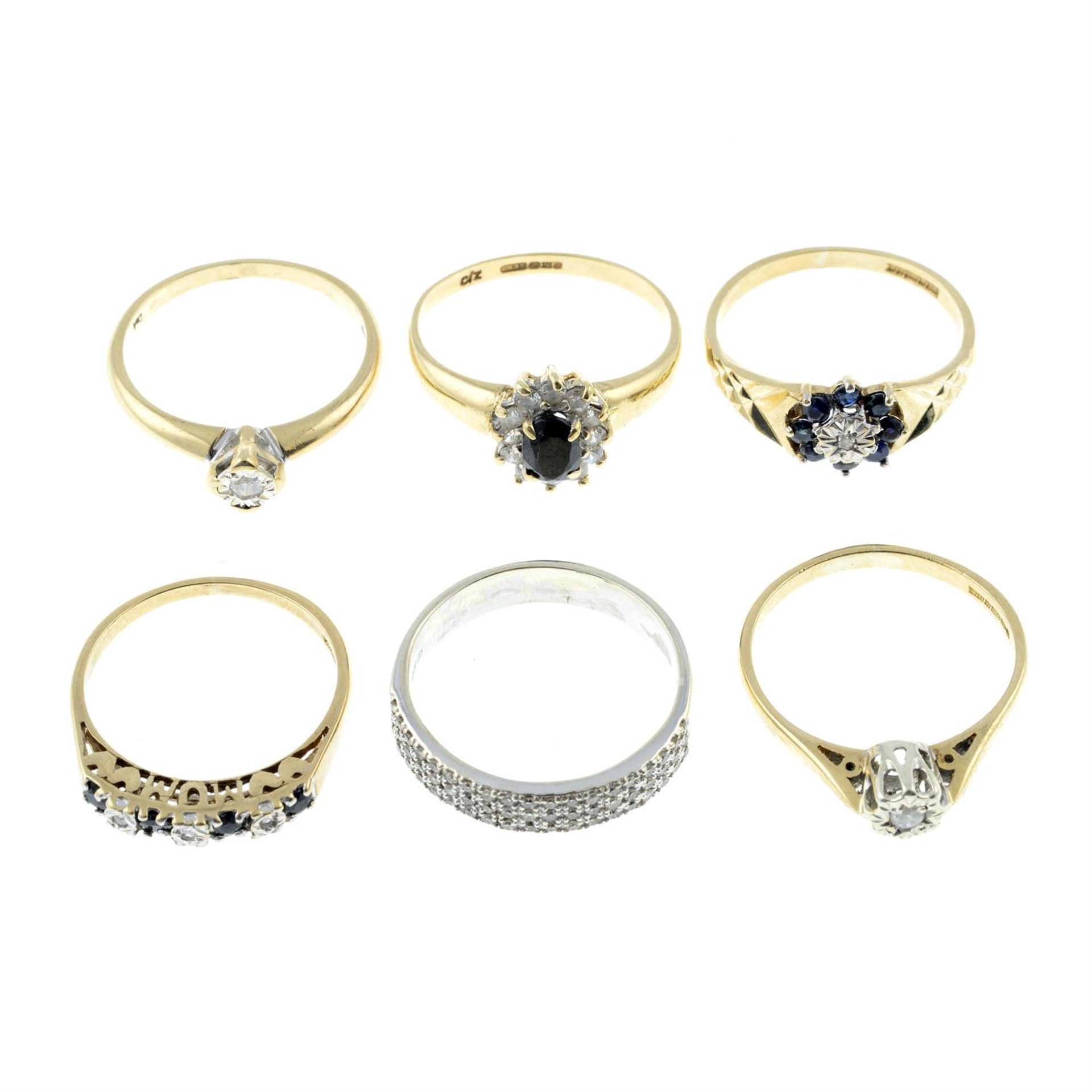 Six 9ct gold gem-set rings.