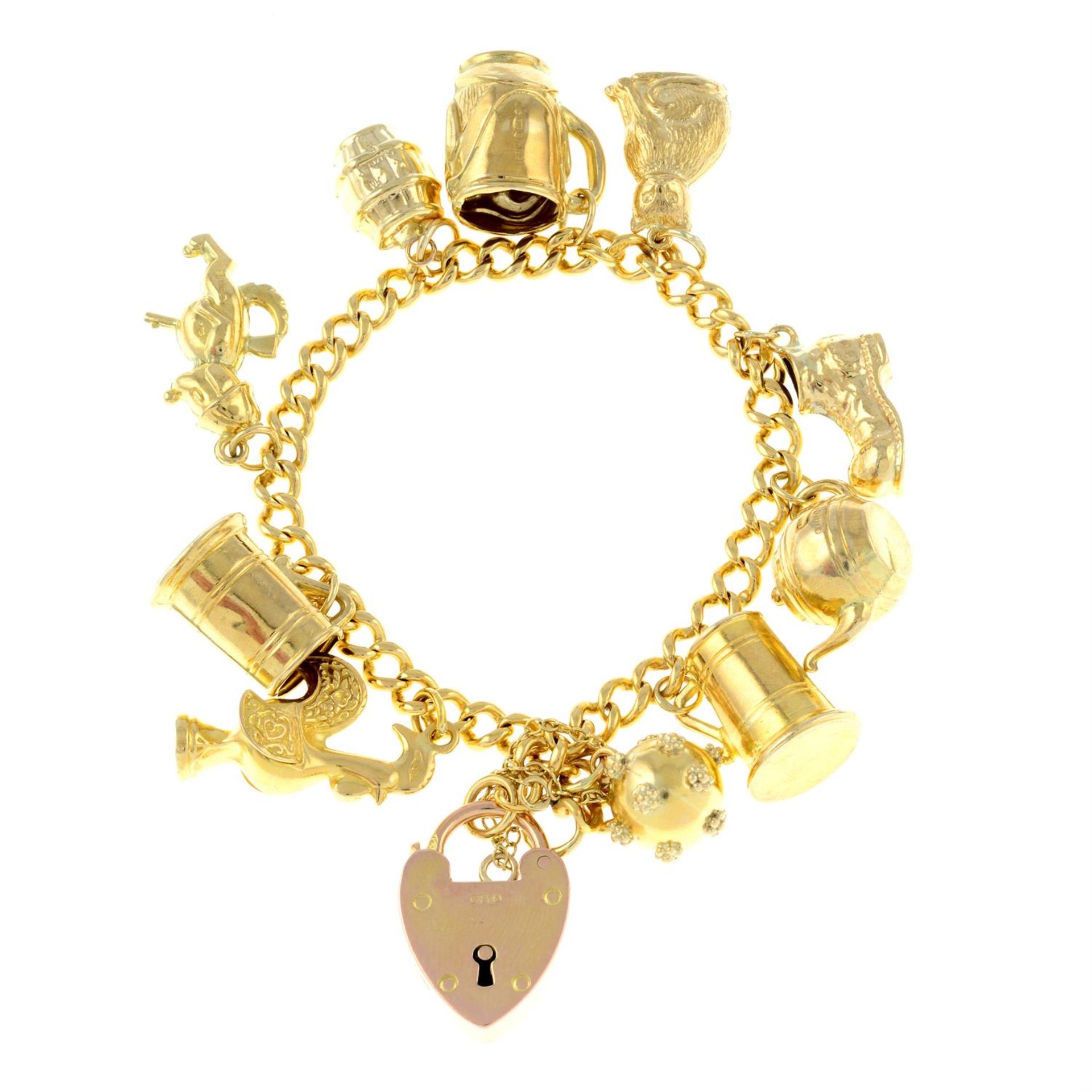 An 18ct gold charm bracelet, with 9ct gold heart-shape padlock clasp, suspending ten variously